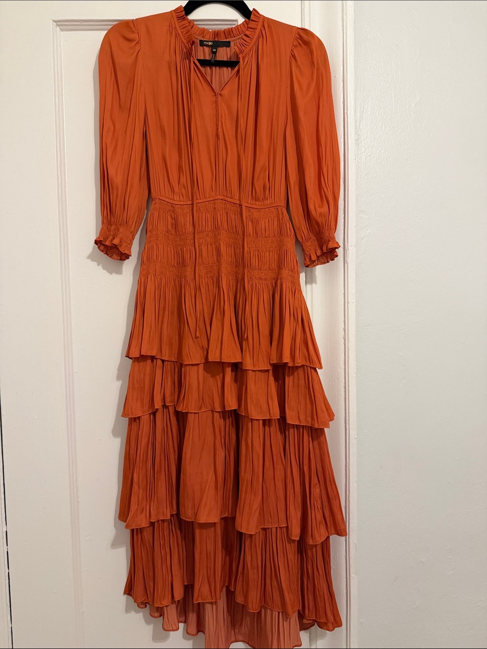 Maje Orange Tiered Ruffle Maxi Dress